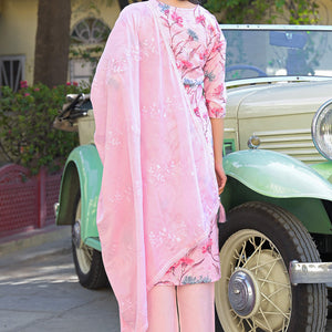 Light Pink Floral Printed Thread Work Pure Cotton Straight Salwar Suit