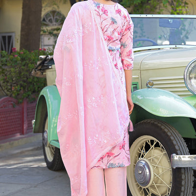 Light Pink Floral Printed Thread Work Pure Cotton Straight Salwar Suit