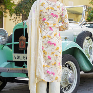 Light Yellow Floral Printed Thread Work Pure Cotton Straight Salwar Suit