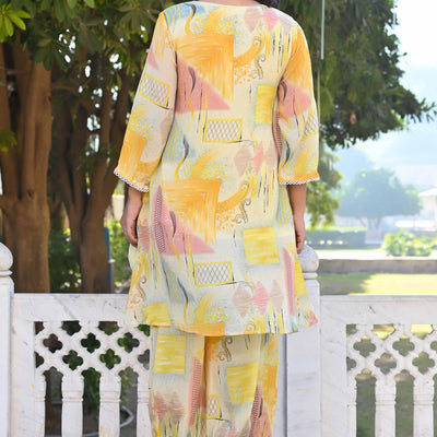 Cream & Yellow Printed With Embroidered Pure Chinon A-Line Co-Ord Set