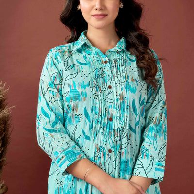 Light Blue Floral Printed Pure Cotton A-Line Kurti