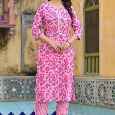 Blush Pink Floral Printed Pure Cotton Straight Salwar Suit