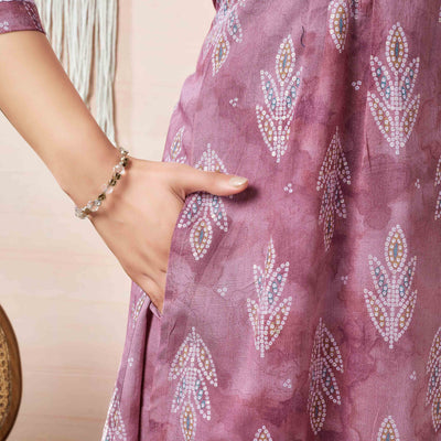 Mauve Floral Foil Printed Cambric Cotton Kurti Palazzo Set