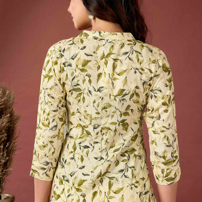 Cream & Olive Floral Printed Rayon Top