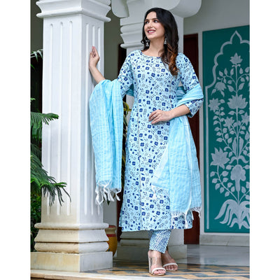 Light Blue Floral Printed Pure Cotton Suit