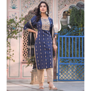 Blue Woven Pure Cotton Straight Salwar Suit