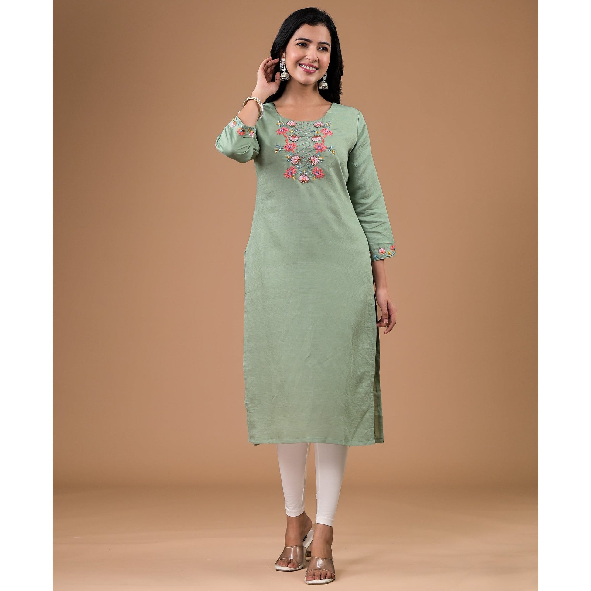 Mint Green Yoke Embroidered Viscose Straight Kurti