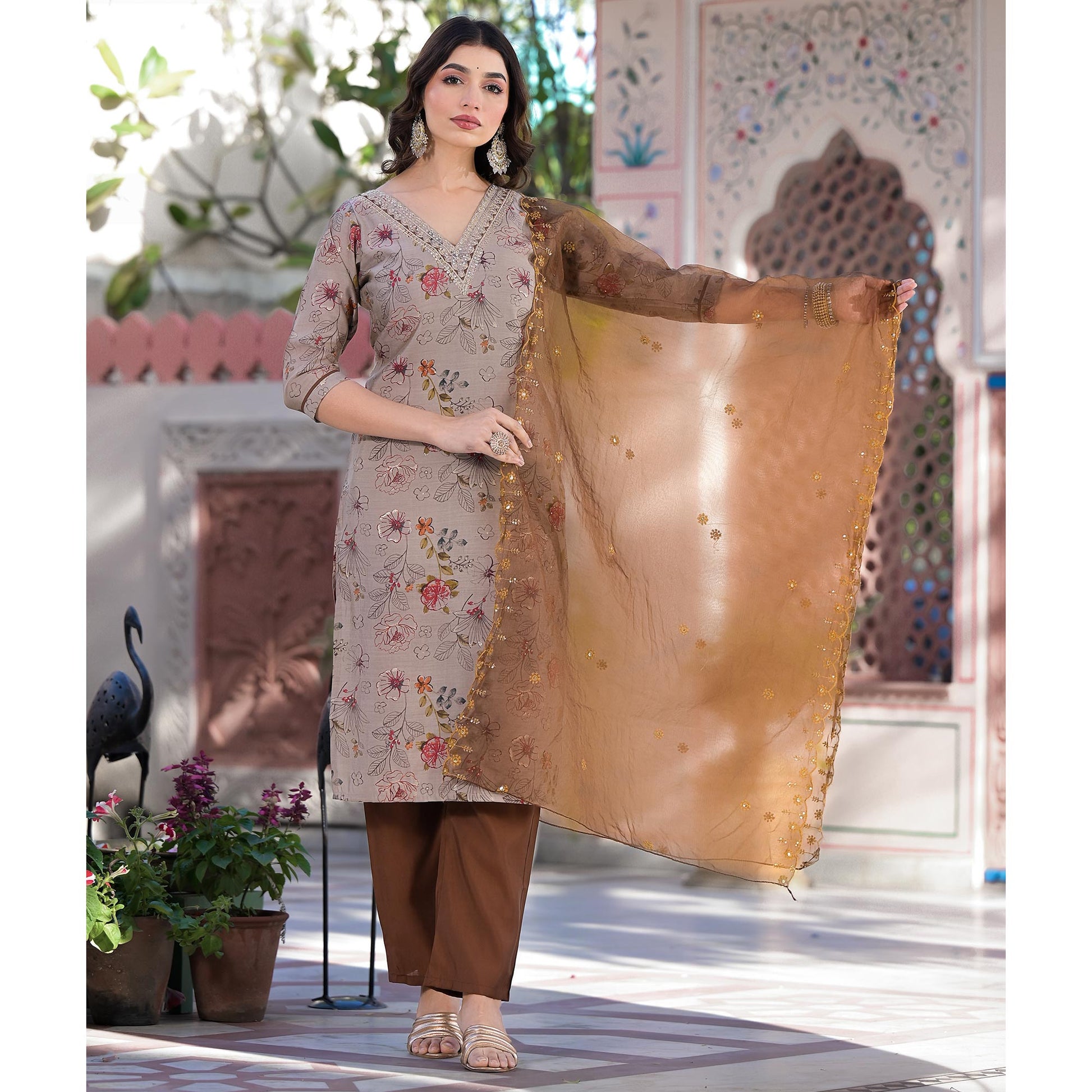 Chikoo Floral Foil Printed Chanderi Silk Straight Salwar Suit