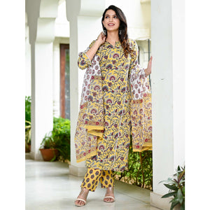 Light Yellow Floral Printed Pure Cotton Salwar Suit