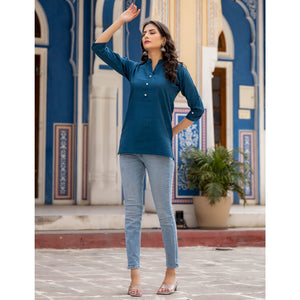 Blue Solid Cotton Silk Straight Top