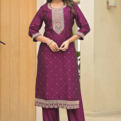 Dark Purple Golden Embroidered Vichitra Silk Salwar Suit