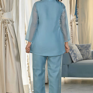 Light Blue Beads Work Embroidered Organza Co-Ord Set