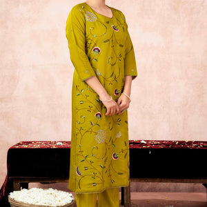 Lime Yellow Floral Embroidered Muslin Straight Salwar Suit
