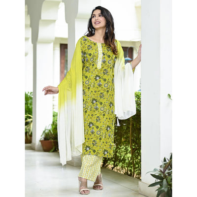 Lemon Green Floral Printed Pure Cotton Suit