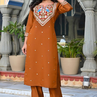 Brown Sequins Embroidered Viscose Salwar Suit