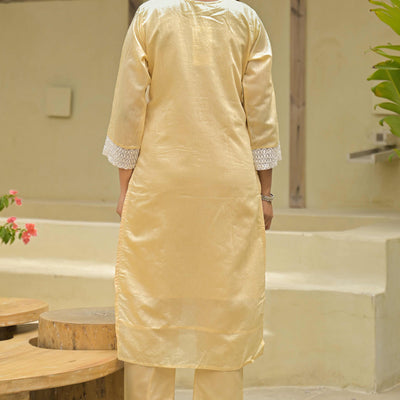 Chikoo Floral Embroidered Chanderi Kurti Pant Set