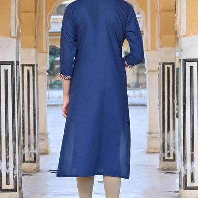 Blue Yoke Embroidered Rayon Slub Straight Kurti