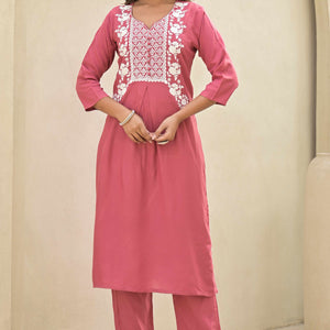 Gajri Pink Floral Embroidered Rayon Salwar Suit