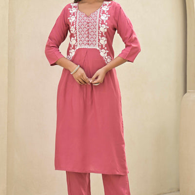 Gajri Pink Floral Embroidered Rayon Salwar Suit