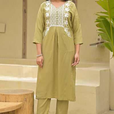 Light Chikoo Floral Embroidered Rayon Salwar Suit