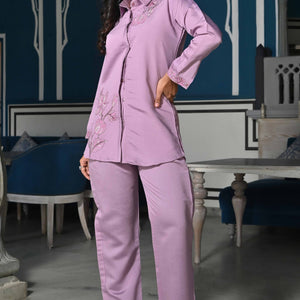 Mauve Floral Hand Work Embroidered Chanderi Co-Ord Set