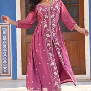Mauve Floral Embroidered Georgette Front Slit Salwar Suit