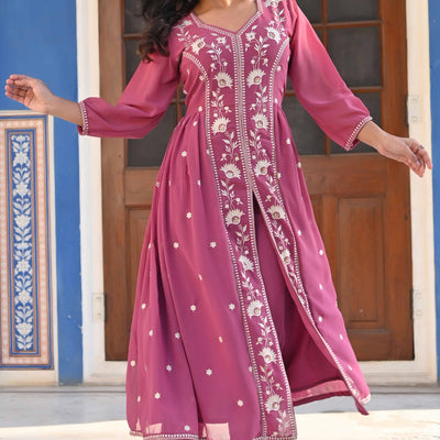 Mauve Floral Embroidered Georgette Front Slit Salwar Suit