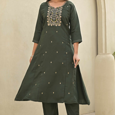 Mehandi Green Floral Embroidered Viscose A-Line Salwar Suit