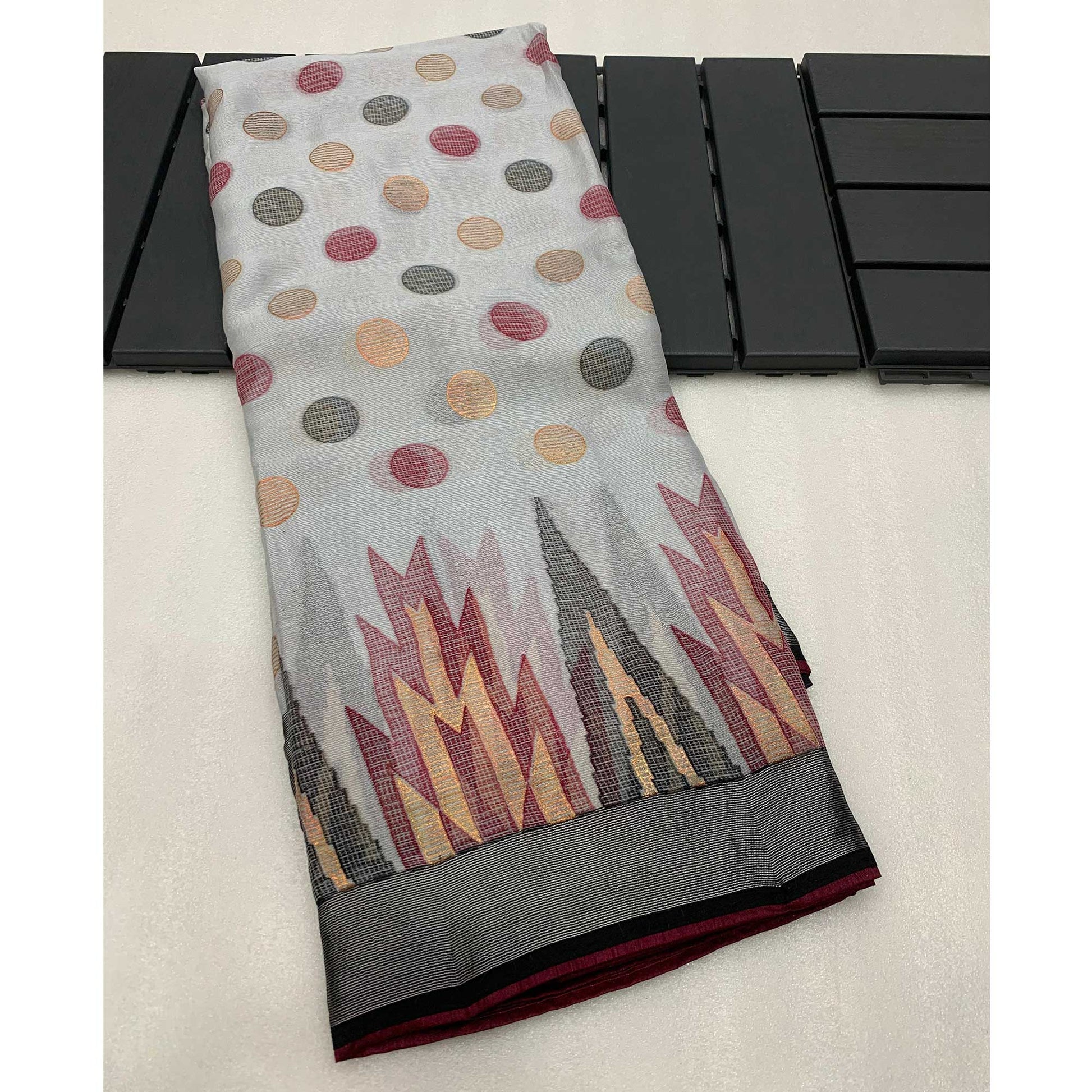 Grey Woven Art Silk Saree With Tassels