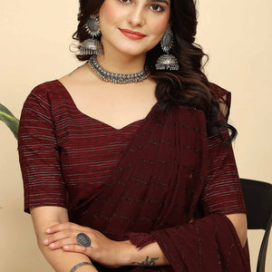 Dark Maroon Striped Zari Woven Chiffon Saree With Tassels
