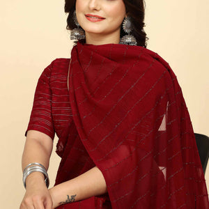 Dark Red Striped Zari Woven Chiffon Saree With Tassels