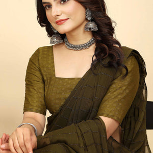 Mehendi Green Striped Zari Woven Chiffon Saree With Tassels