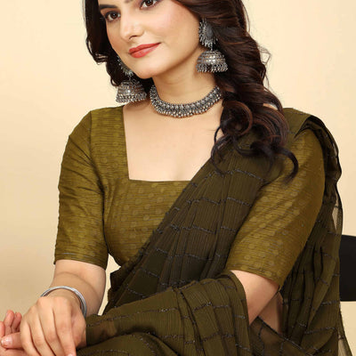 Mehendi Green Striped Zari Woven Chiffon Saree With Tassels