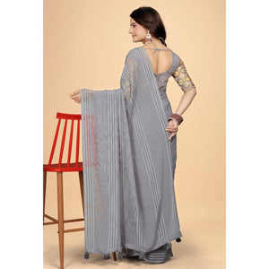 Grey Zari Striped Woven Georgette Saree