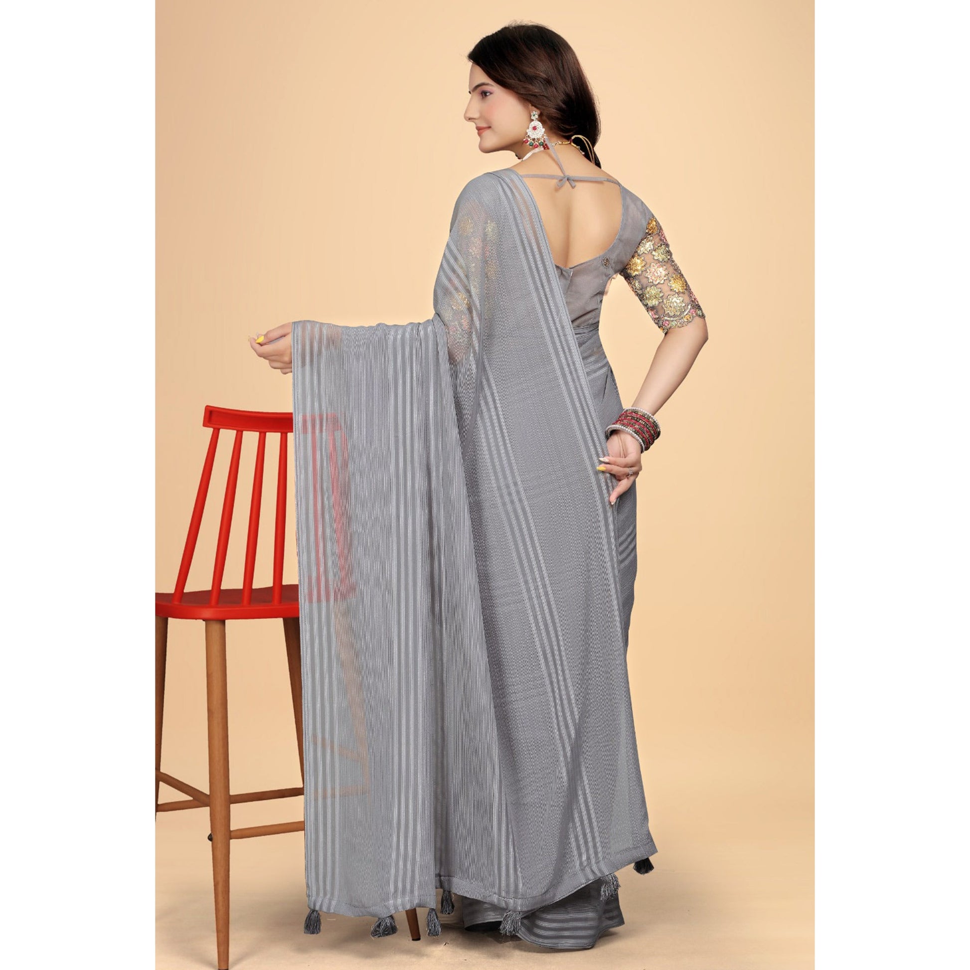 Grey Zari Striped Woven Georgette Saree