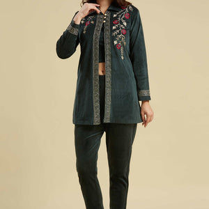 green-embroidered-velvet-front-slit-top-bottom-set