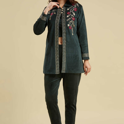 green-embroidered-velvet-front-slit-top-bottom-set