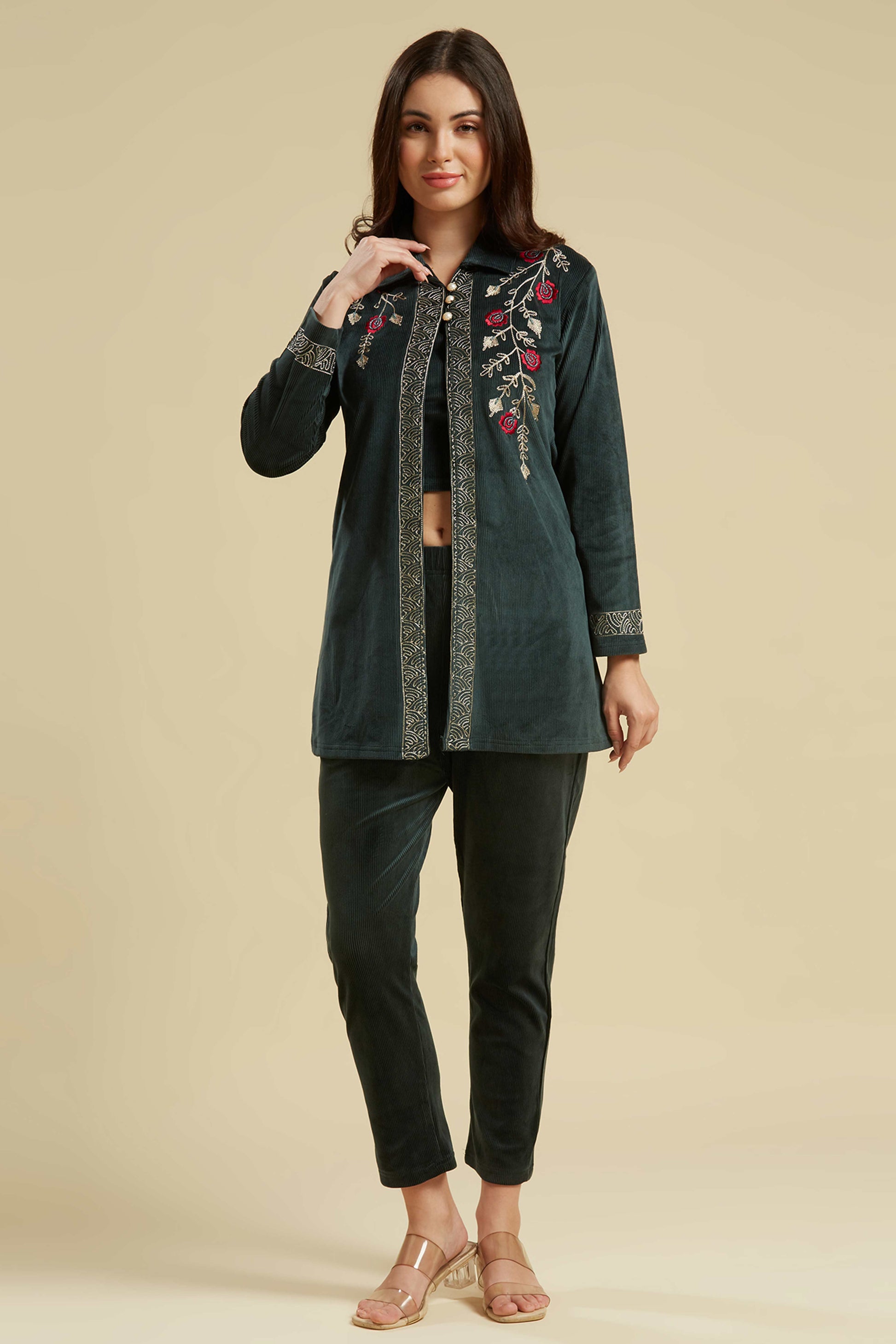 green-embroidered-velvet-front-slit-top-bottom-set