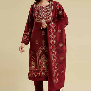 Maroon Embroidered Velvet Straight Salwar Suit