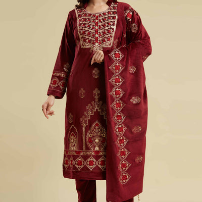 Maroon Embroidered Velvet Straight Salwar Suit