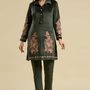 green-embroidered-velvet-straight-top-bottom-set
