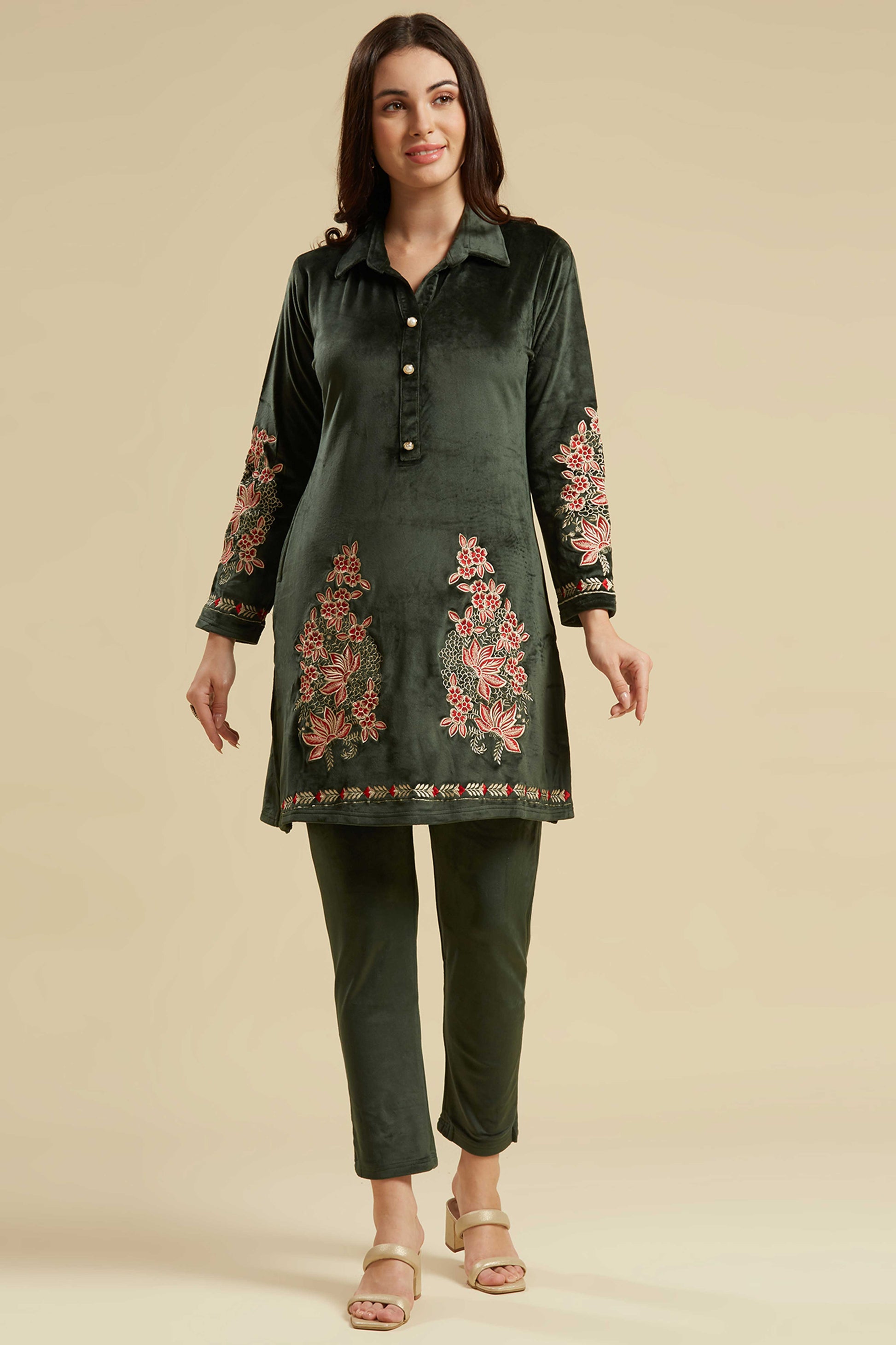green-embroidered-velvet-straight-top-bottom-set