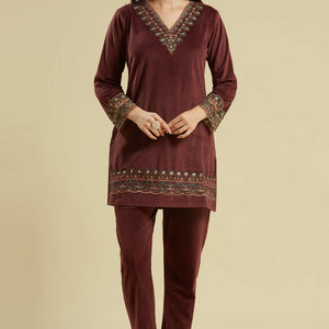 Brown Embroidered Velvet A-Line Top Bottom Set