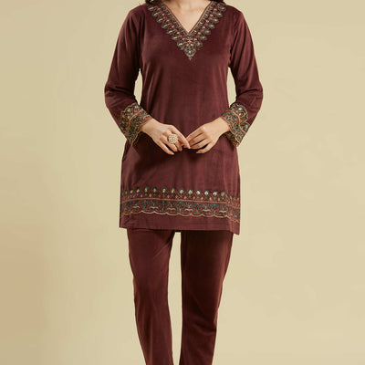 Brown Embroidered Velvet A-Line Top Bottom Set