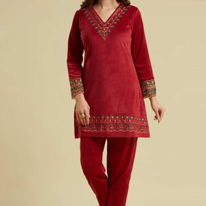 Maroon Embroidered Velvet A-Line Top Bottom Set