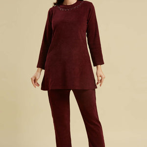 Maroon Woven Woolen A-Line Top Bottom Set