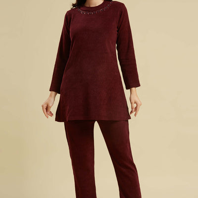 Maroon Woven Woolen A-Line Top Bottom Set