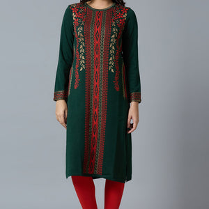 Bottle Green Woolen Straight Kurti
