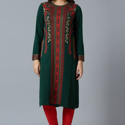 Bottle Green Woolen Straight Kurti