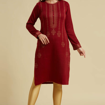 Maroon Woolen Straight Kurti